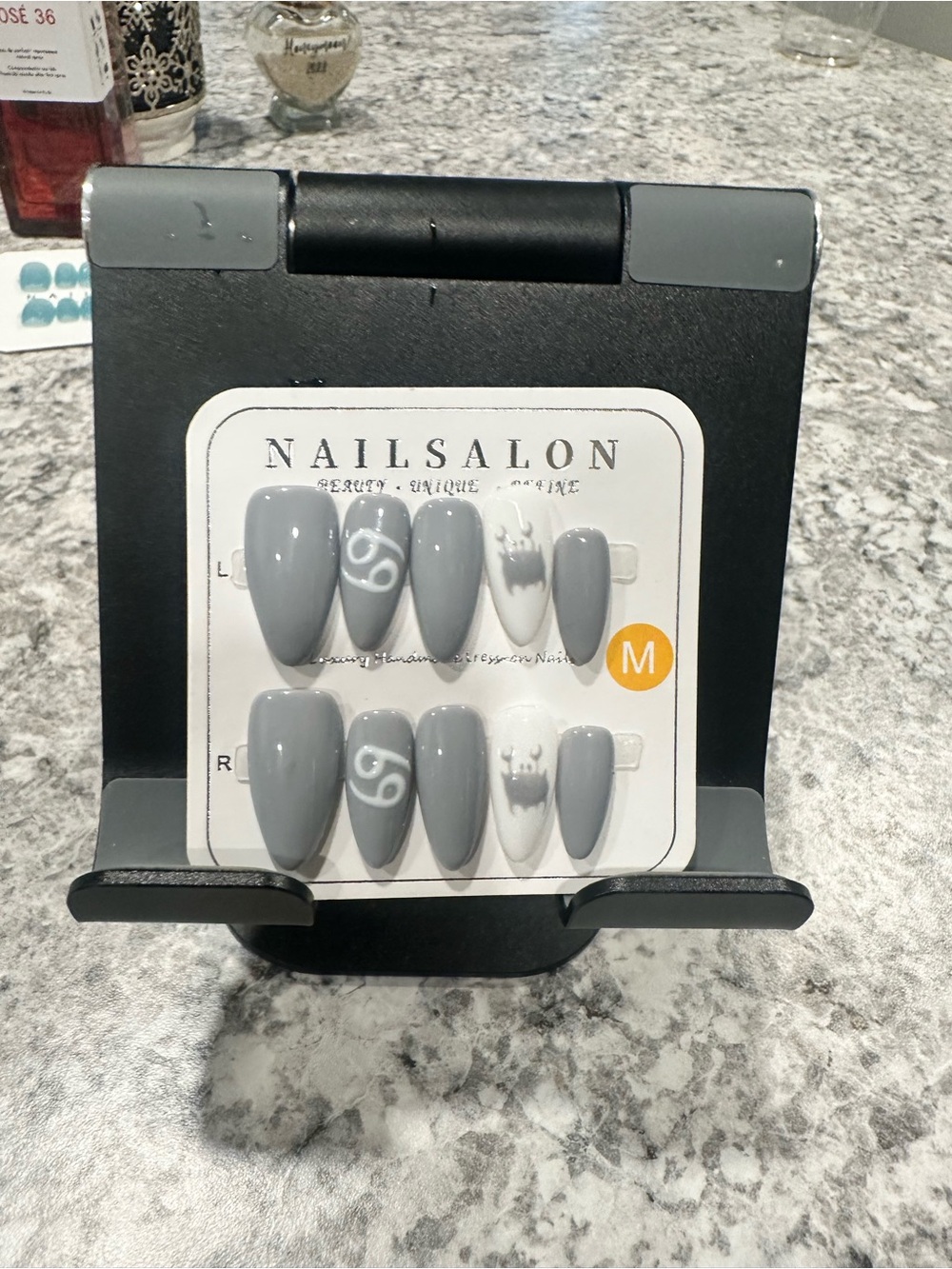 Gray Stiletto Press-On Nails with White Accent